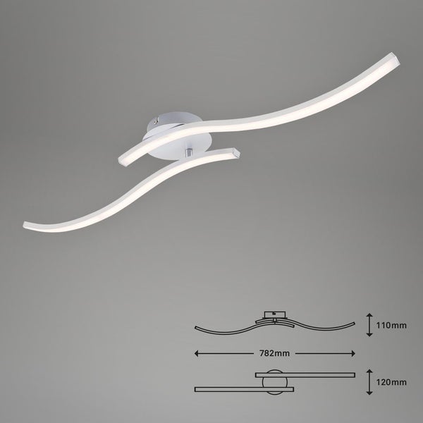 Moderne LED-Deckenleuchte mit zwei geschwungenen Armen inklusive technischer Zeichnung, Breite 782 Millimeter, Höhe 110 Millimeter.