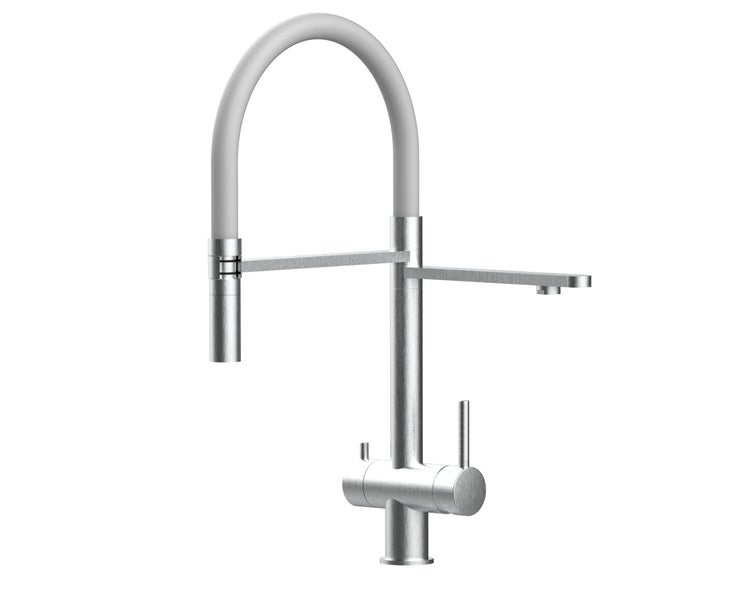 NIEDERDRUCK 3 Wege Wasserhahn Küchenarmatur, Edelstahl Massiv mit 360° schwenkbarem Auslauf, abnehmbare 2 strahl Handbrause, Gebürstet / Grau