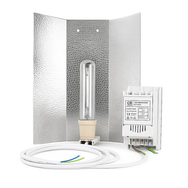 Pflanzenbeleuchtungs-Set bestehend aus einem Hammerschlagreflektor, einem Leuchtmittel, einem Vorschaltgerät und Anschlusskabeln.