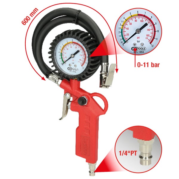 Reifenfüller mit Manometer, 600 mm Schlauchlänge, 0 bis 11 bar Messbereich
