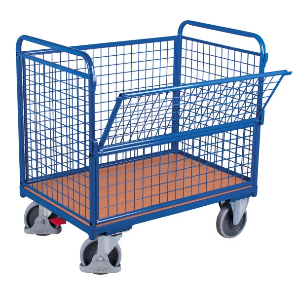 Blauer Gitterwagen mit Holzplatte und Rollen