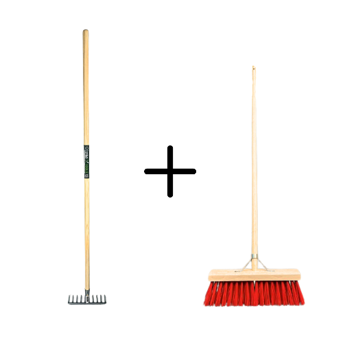 Gartenrechen und Straßenbesen mit Holzstiel als Set