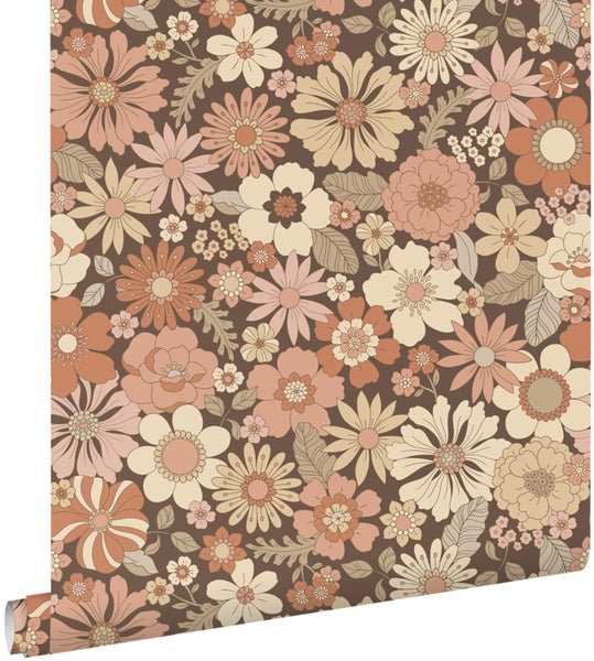 ESTAhome Tapete Retro Blumen Altrosa und Beige - 50 x 900 cm - 130966