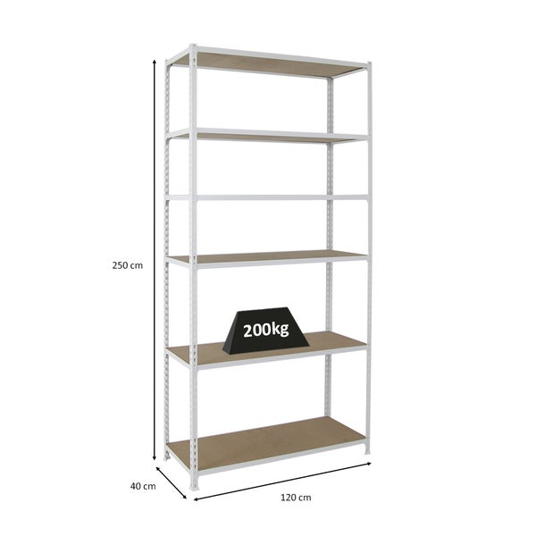 PROREGAL Schwerlastregal Giant Muli HxBxT 250 x 120 x 40 cm 6 Fachböden Fachlast 200 kg Weiß