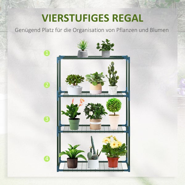 Vierstufiges Pflanzenregal aus Metall mit verschiedenen Zimmerpflanzen auf Gitterböden zur Organisation von Blumen.