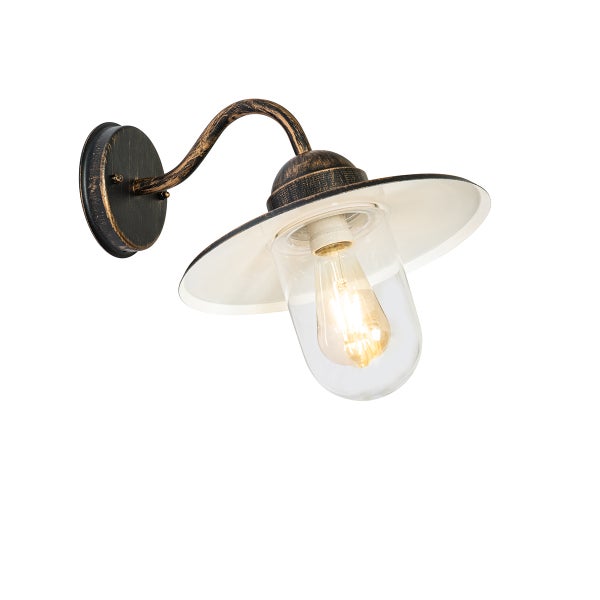 Außenwandleuchte im Vintage-Stil mit gebogenem Arm, flachem Schirm und Glasabdeckung, antik-goldfarben.
