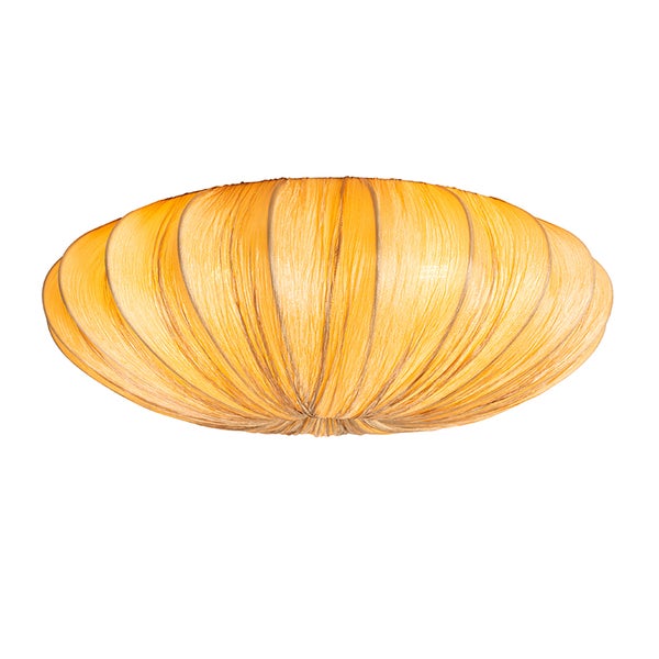 Ovale Deckenleuchte aus strukturiertem Naturmaterial mit geraffter Oberfläche.