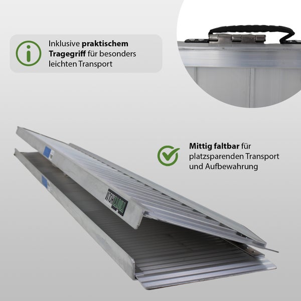 Zusammenklappbare Rampe aus Aluminium mit Tragegriff für einfachen Transport und platzsparende Aufbewahrung