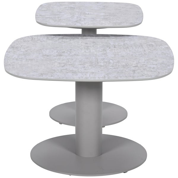 Zweiteiliges Beistelltisch-Set mit Tischplatten in Betonoptik und grauem Säulenfuß.