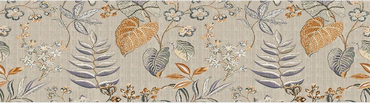 Tapetenbordüre mit botanischem Design aus verschiedenen Blättern und Blüten mit feiner Oberflächenstruktur.