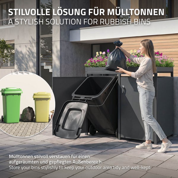 Moderne Mülltonnenbox aus Metall mit integriertem Pflanzkasten. Eine Person entsorgt Abfall in einer gekippten Mülltonne für einen sauberen Außenbereich.