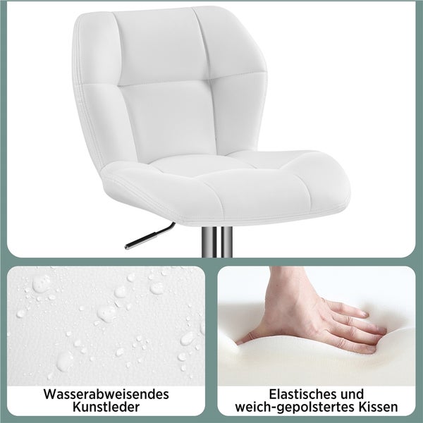 Detailansicht eines weißen Barhockers mit wasserabweisendem Kunstleder und weich gepolstertem Kissen