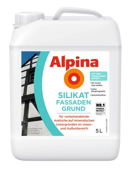 Alpina Silikat Fassadengrund, 5 Liter Kanister, lösemittelfreie Grundierung für mineralische Untergründe im Innen- und Außenbereich.