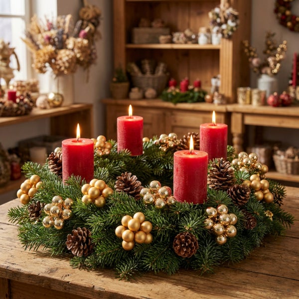 Adventskranz mit vier brennenden Kerzen, Tannenzweigen, Zapfen und goldenen Kugeln auf einem rustikalen Holztisch in festlichem Ambiente.