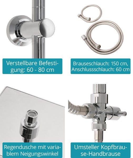 Calmwaters® Duschsystem Chrom, mit Regendusche & Handbrause, Stab-Handbrause & Kopfbrause, Anti-Kalk Regendusche, Duschgarnitur mit Wandstange und Gleiter, 20DP6156