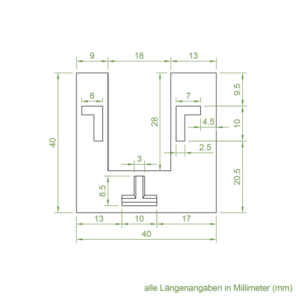 Technische Zeichnung mit Maßangaben in Millimetern für einen U-förmigen Beschlag mit integrierten L-Profilen und T-Element.