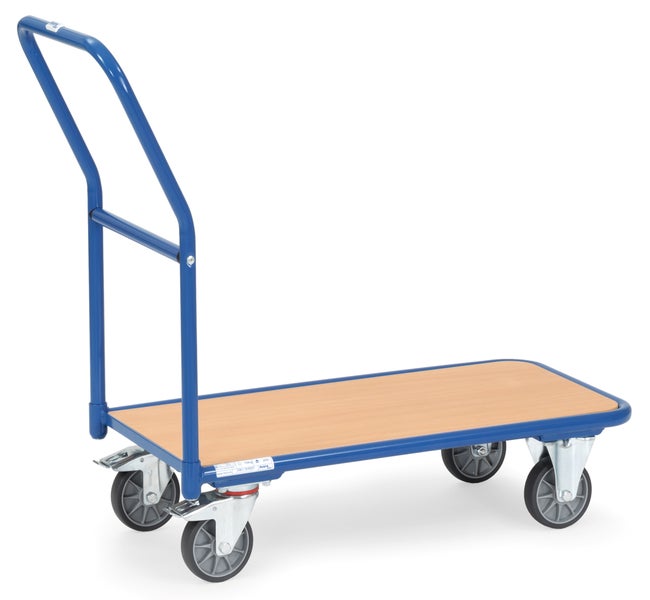 Schiebebügelwagen mit Ladefläche aus Holzwerkstoffplatte und Stahlrohrgestell, vier Rollen.