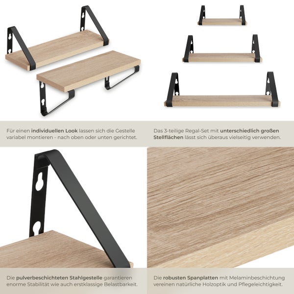 3er Set Wandregal tectake Cowell Höhe 12 cm Industrial Style Industrial Holz hell, Eiche Sonoma