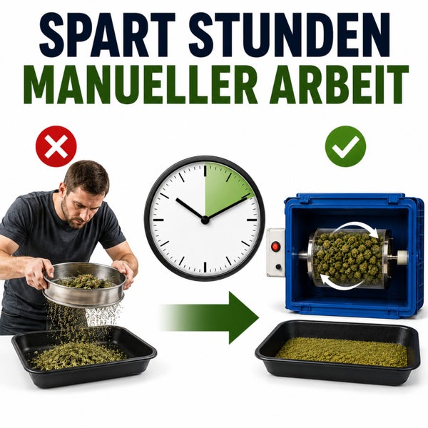 Vergleich zwischen zeitaufwendiger manueller Siebung von Pflanzenmaterial und effizienter automatischer Verarbeitung mit einer Erntemaschine.
