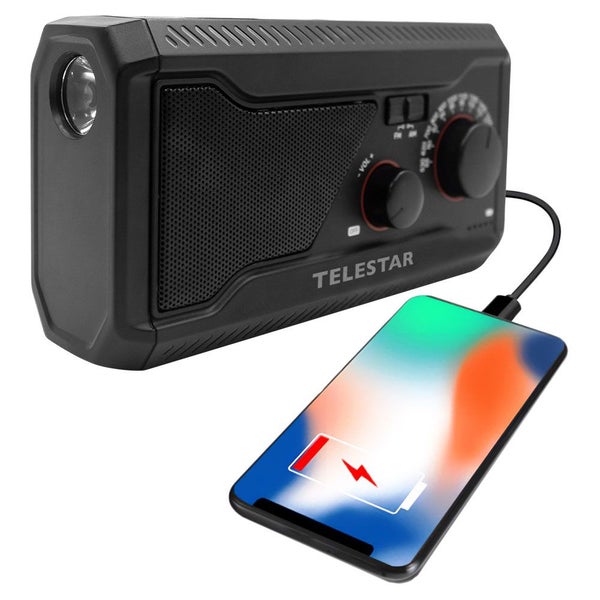 Telestar Notfallradio mit integrierter Taschenlampe und Powerbank Funktion zum Laden eines Smartphones