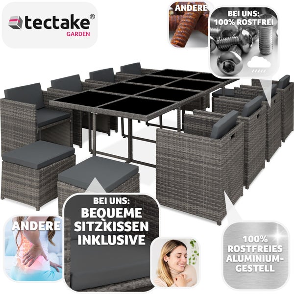 Rattan Sitzgruppe tectake New Orleans 2 Bezugssets, zusammenschiebbar, inklusive Schutzhülle mit Aluminiumgestell grau