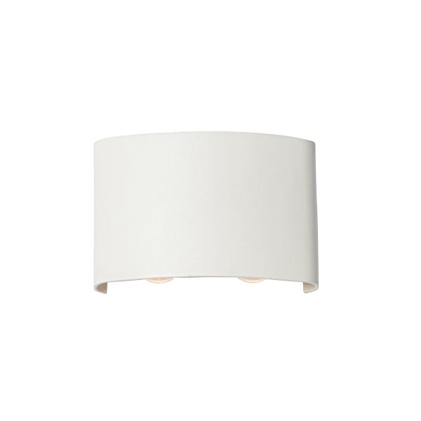 Gebogene weiße Wandleuchte mit zwei Lichtquellen.