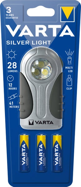 Varta LED Taschenlampe Silver Light, 28lm, inkl. 3x Batterie Alkaline AAA, Retail Blister