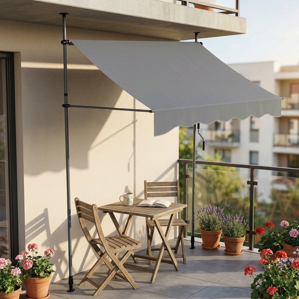 Graue Klemmmarkise mit Wellenabschluss auf einem Balkon mit Holzmöbeln und Blumenkästen.