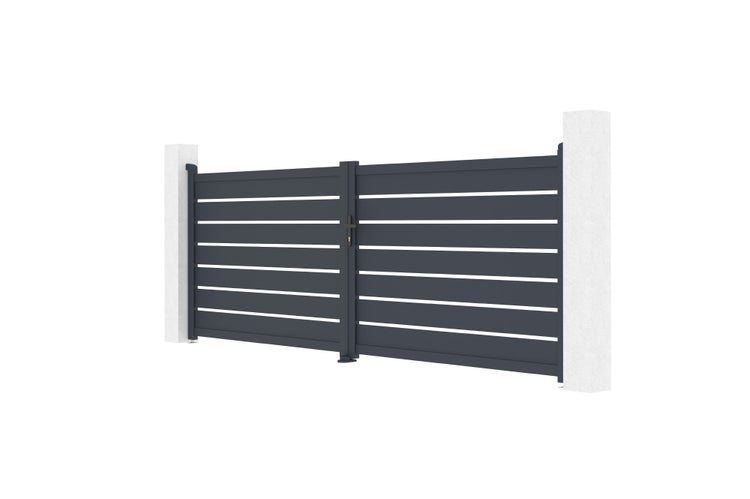 Zweiflügeliges Gartentor aus Aluminium mit horizontalen Lamellen in Anthrazit und zwei weißen Pfosten.