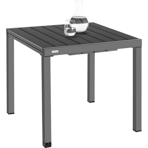Quadratischer Gartentisch aus Aluminium mit dunkelgrauer Lattenoberfläche und tectake Logo.