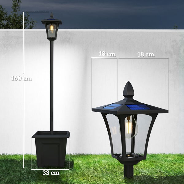 Solar-Gartenlaterne mit Pflanztopf, Gesamthöhe 160 Zentimeter, Breite des Pflanzgefäßes 33 Zentimeter, Breite des Laternenkopfs 36 Zentimeter.