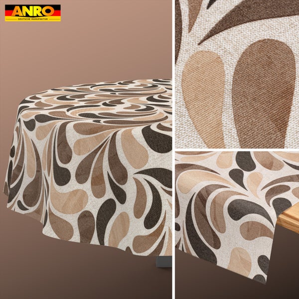 ANRO Logo. Tischdecke mit Tropfenmuster auf runden und eckigen Tischen sowie eine Detailaufnahme der gewebten Textur.