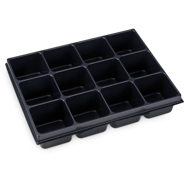 Schwarze Anzuchtplatte aus Kunststoff mit 12 Fächern für die Aussaat und Pflanzenanzucht.