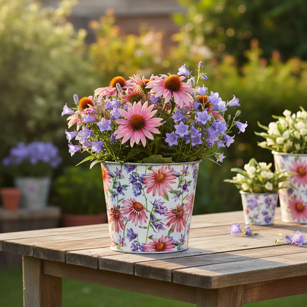 Blumenübertopf aus Metall mit floralem Muster, bepflanzt mit Sonnenhut und Glockenblumen auf einem rustikalen Holztisch in einem hellen Garten.