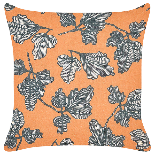 Quadratisches Zierkissen aus Textil mit einem grafischen Blattmuster.