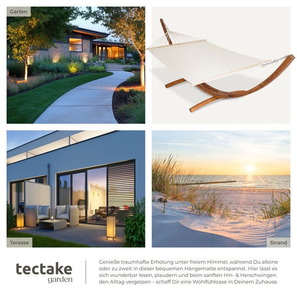 Collage mit Garten, Terrasse, Hängematte und Strand