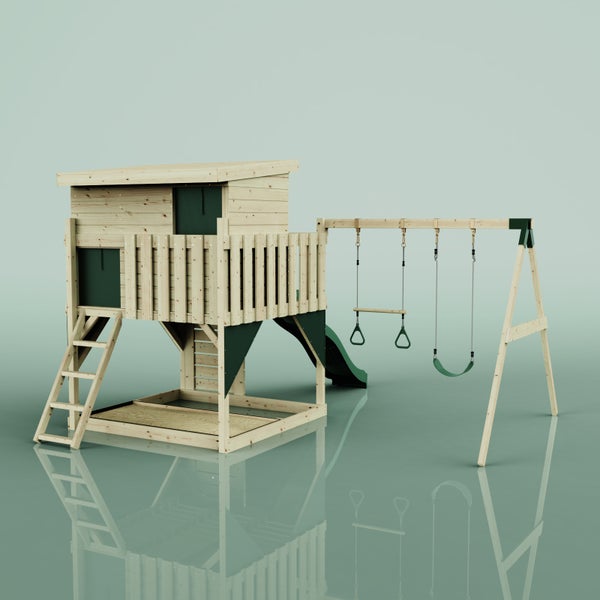 Spielturm aus Holz mit Spielhaus, Rutsche, zwei Schaukeln, Leiter und integriertem Sandkasten.