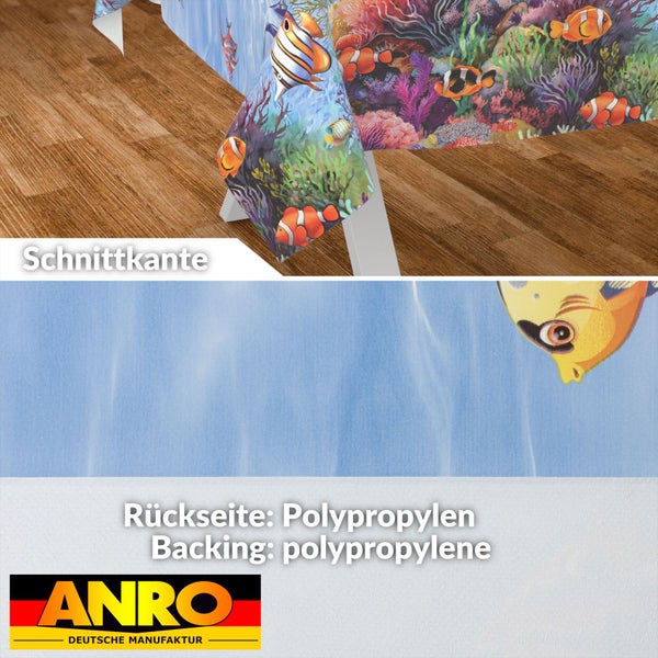 Wachstuch mit Fischen und Korallenriff, Rückseite aus Polypropylen, ANRO Logo.