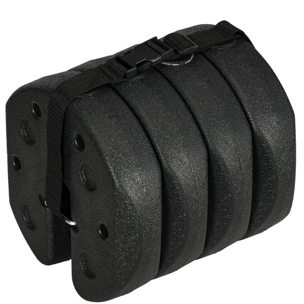 Vierteiliges Set schwarze Pavillon-Standgewichte aus Kunststoff mit Befestigungsgurt und Klickverschluss.
