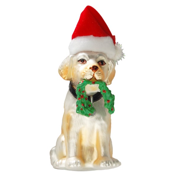 Hund mit Weihnachtsmütze 9cm, Glasornament, mundgeblasen und handdekoriert, 1 Stck., Weihnachtsbaumkugeln, Christbaumschmuck, Weihnachtsbaumanhänger
