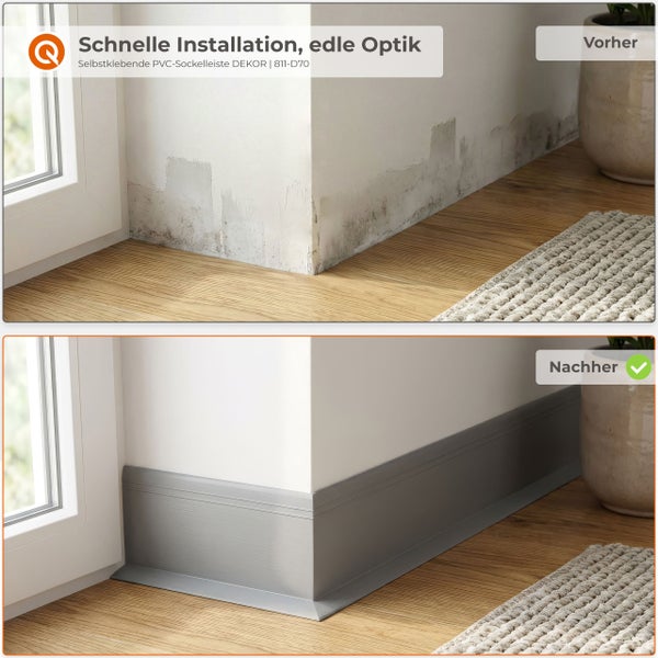 Vorher Nachher Vergleich der Anbringung einer selbstklebenden Kunststoff Sockelleiste an einer Wand im Innenbereich.