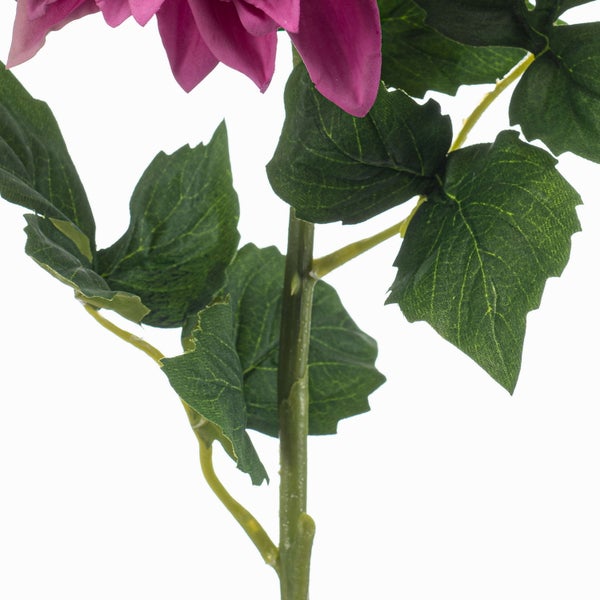 Künstliche Dahlie mit pinkfarbener Blüte und grünem Stiel mit Blättern.