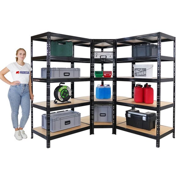 PROREGAL Mega Deal Tiger Black 1x Eckregal + 2X Schwerlastregal 180x90x60cm Schwarz mit Fachlasten 175 + 265 kg Eckregal