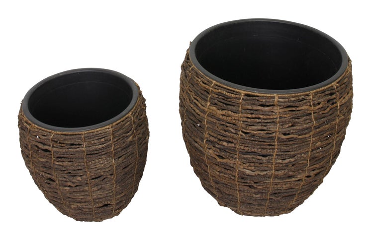 FRANK FLECHTWAREN | Übertopf Kokos, 2er Set, HOLZ, METALL, Übertopf Ø 33 x 36 cm, Einsatz Ø 28 x 25 cm, Übertopf Ø 43 x 46 cm, Einsatz Ø 38 x 30 cm
