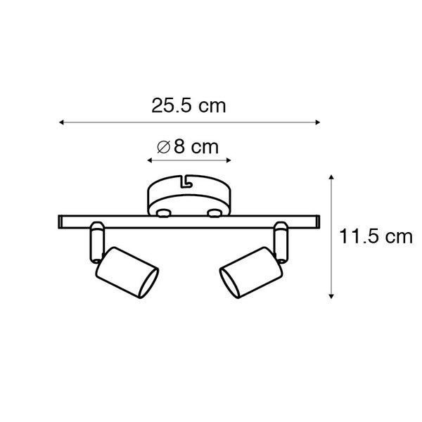 Technische Zeichnung einer Deckenleuchte mit zwei Strahlern und Maßangaben