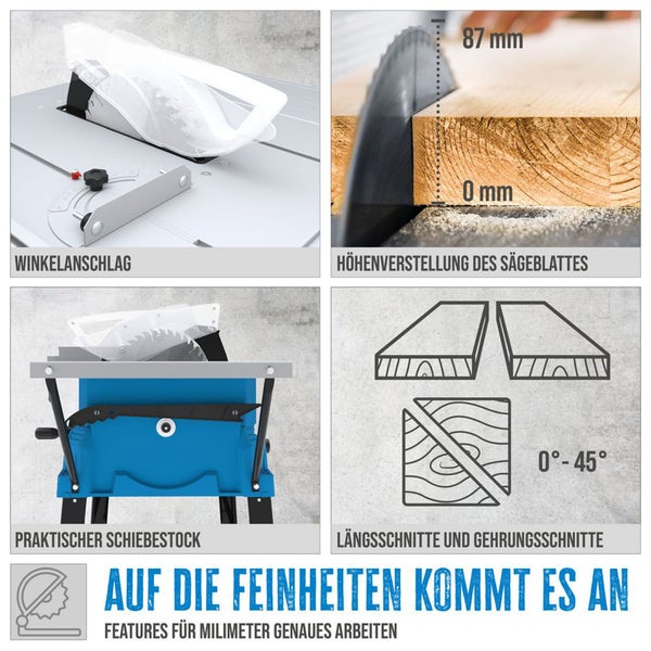 Detailansicht einer Tischkreissäge mit Winkelanschlag, Höhenverstellung bis 87 Millimeter, Schiebestock sowie Längs- und Gehrungsschnitten.
