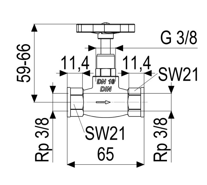 Technische Zeichnung eines Ventils Nennweite 10 mit einer Breite von 65 Millimeter und Gewindeanschlüssen Rp 3/8 Zoll.