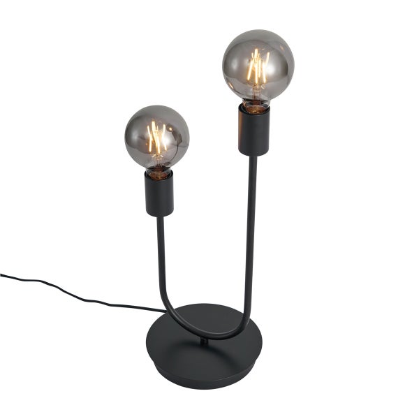 Moderne Tischleuchte in Schwarz matt mit zwei Armen in U-Form und rauchfarbenen LED-Filament-Leuchtmitteln.