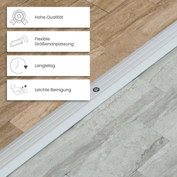 Übergangsprofil zwischen Bodenbelägen in Holz- und Steinoptik: hohe Qualität, flexible Größenanpassung, Langlebigkeit und leichte Reinigung.