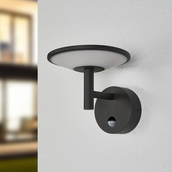 Außenwandleuchte mit Bewegungsmelder, scheibenförmiger Schirm, schwarzes Metallgehäuse.